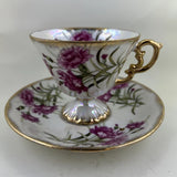Vintage UCAGCO Gold Trim January Carnation Flower Footed TeaCup & Saucer Set Carnation