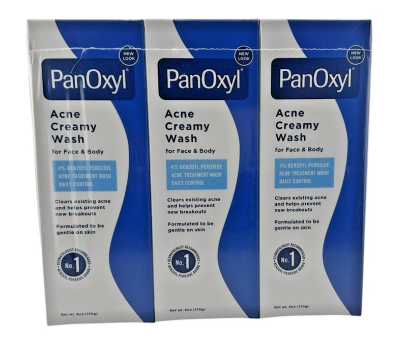 PanOxyl 4% acne creamy wash, 3-pack box of daily control cleanser, 6 oz each