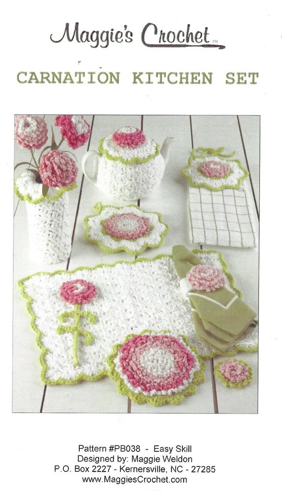 Crochet kitchen set with white and pink carnation motifs, green edging, dishcloths and pot holder