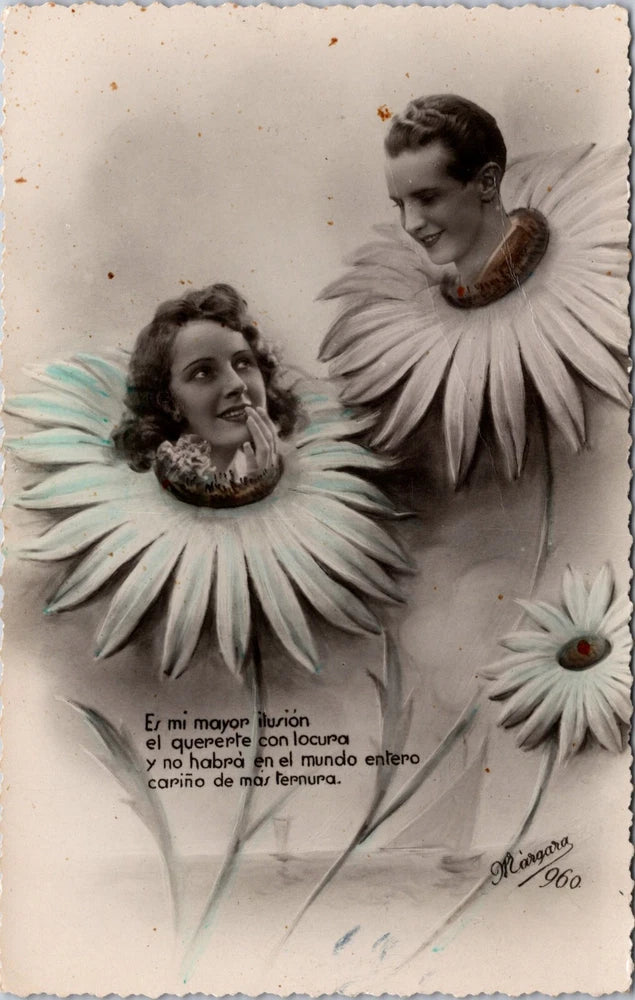 Vintage floral RPPC postcard with two girls in daisy costume and sunflower with red centers