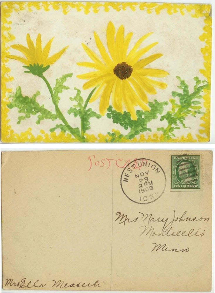 Hand-painted sunflower postcard, yellow blooms on cream front; back shows stamp and writing.