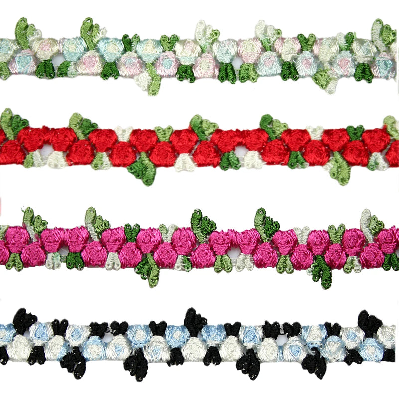 Embroidered floral lace trim with rose flower appliques in red, pink, black, and blue