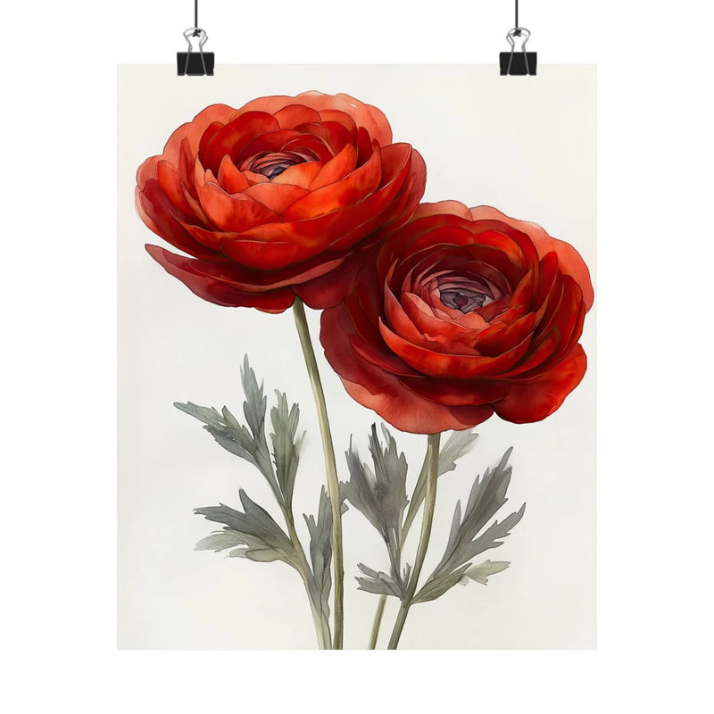 Boho Red Ranunculus Flower Art Print Poster, Minimalist Floral Wall Art 5 Ranunculus
