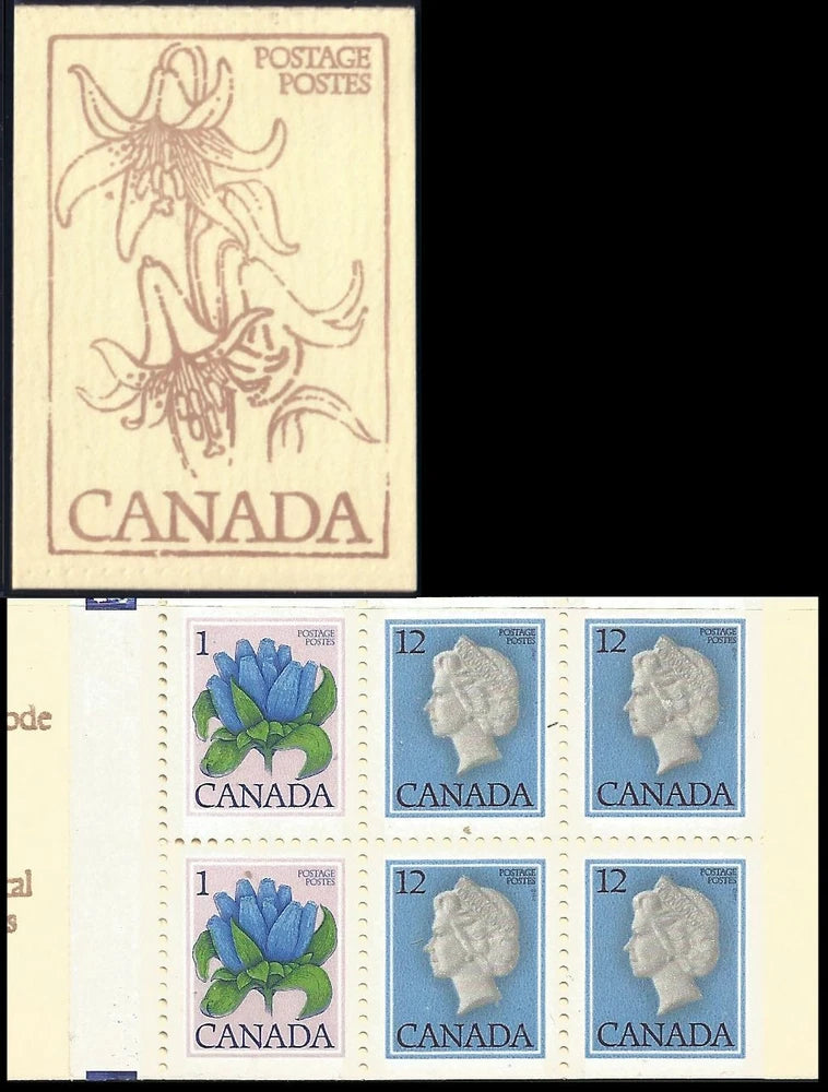 Canada lily postage stamps: blue flower designs and gray portrait