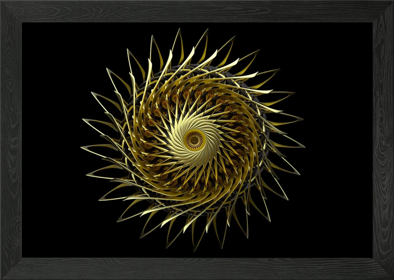 Framed abstract sunflower wall art with gold spiral petals and dark border