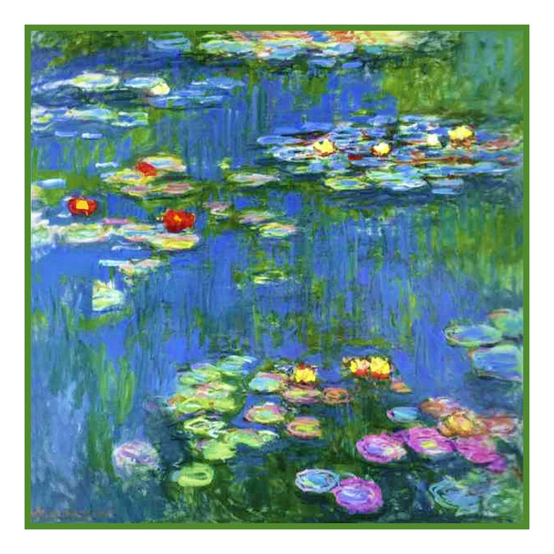 Counted cross stitch chart pattern with water lilies pond artwork, blue and green