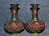 8.6''Old Chinese Wood lacquerware Painting Gilt Peony Flower Bottle Vase Pair Peony