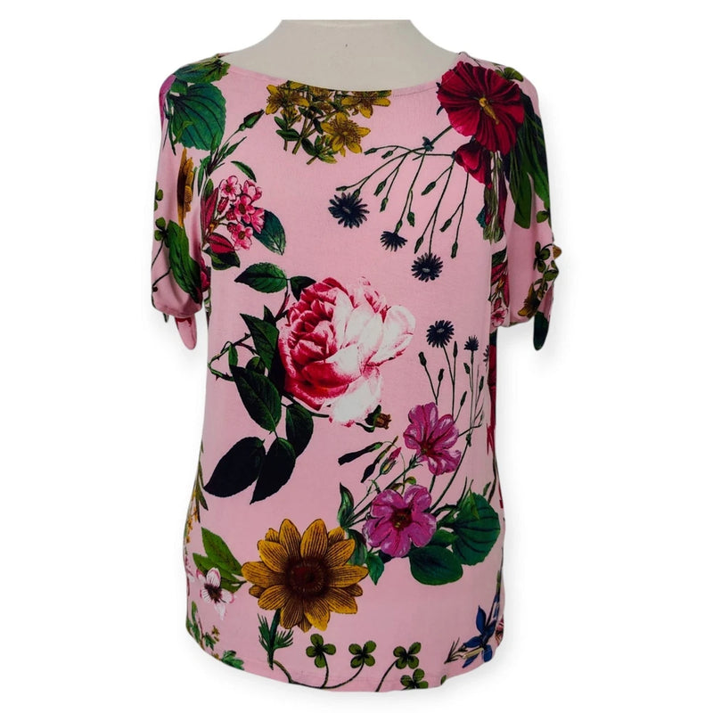 Calvin Klein floral shirt in pink with rose sunflower clover print; tie sleeves