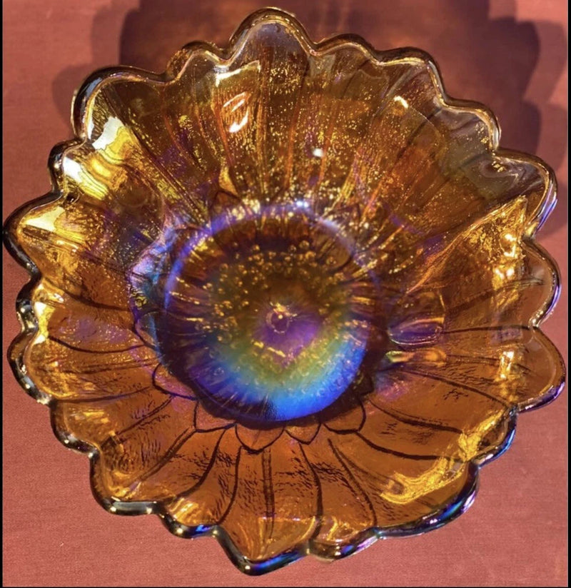 Vintage Iridescent Sunflower Carnival Glass Bowl Indiana Glass Co Dish Orange Sunflower