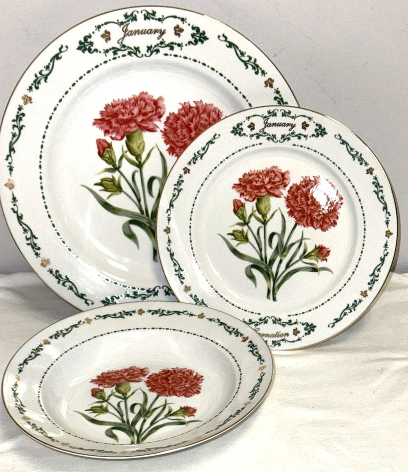3-piece place setting plates with carnation floral design, January text