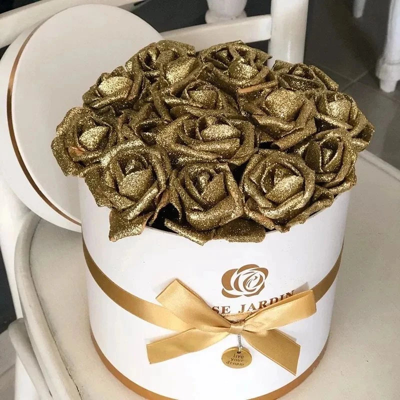 10-piece artificial glitter rose bouquet in a round white gift box with gold ribbon