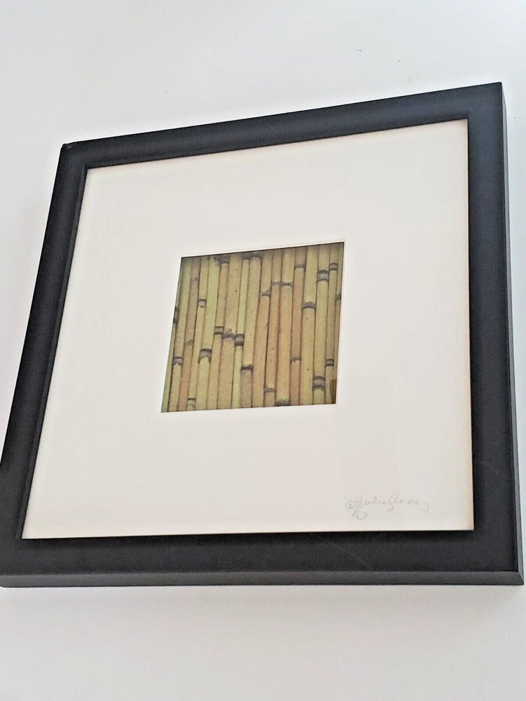 Framed dried bamboo art with pressed bamboo strips, signed on mat