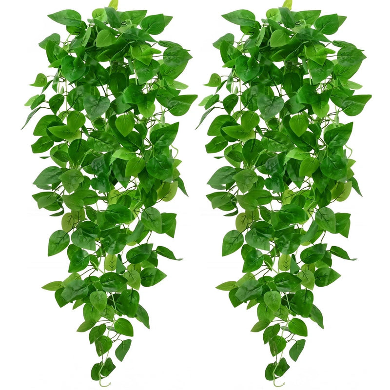 2Pcs Fake Hanging Plants, 9 Branch Artificial Hanging Plant, Lush Faux Pothos... Green Plant