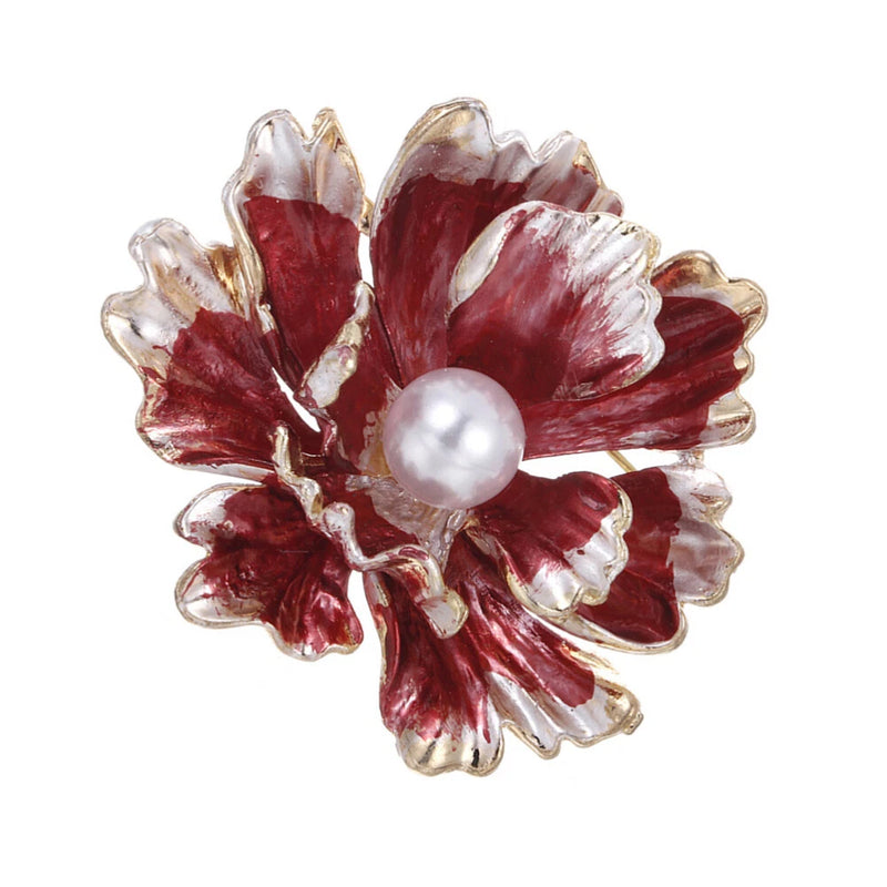 Red and white flower brooch with layered petals and a pearl-like center