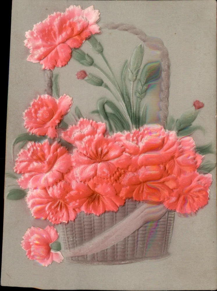 Embossed airbrushed postcard with a basket of pink carnation flowers