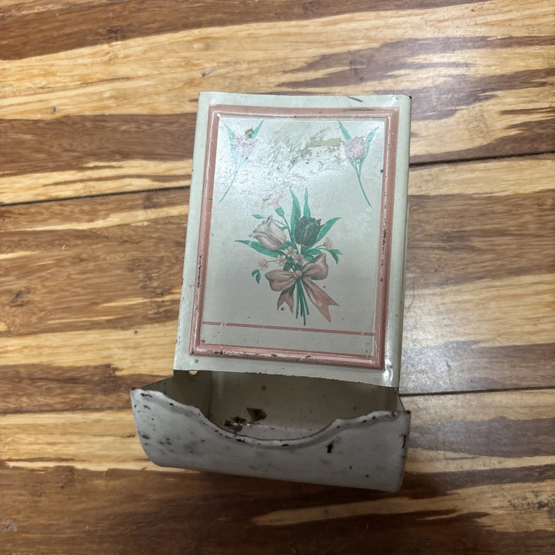 VTG Tin Match Safe Box Holder Fireplace Kitchen Decor TULIP/carnation FLOWER Carnation