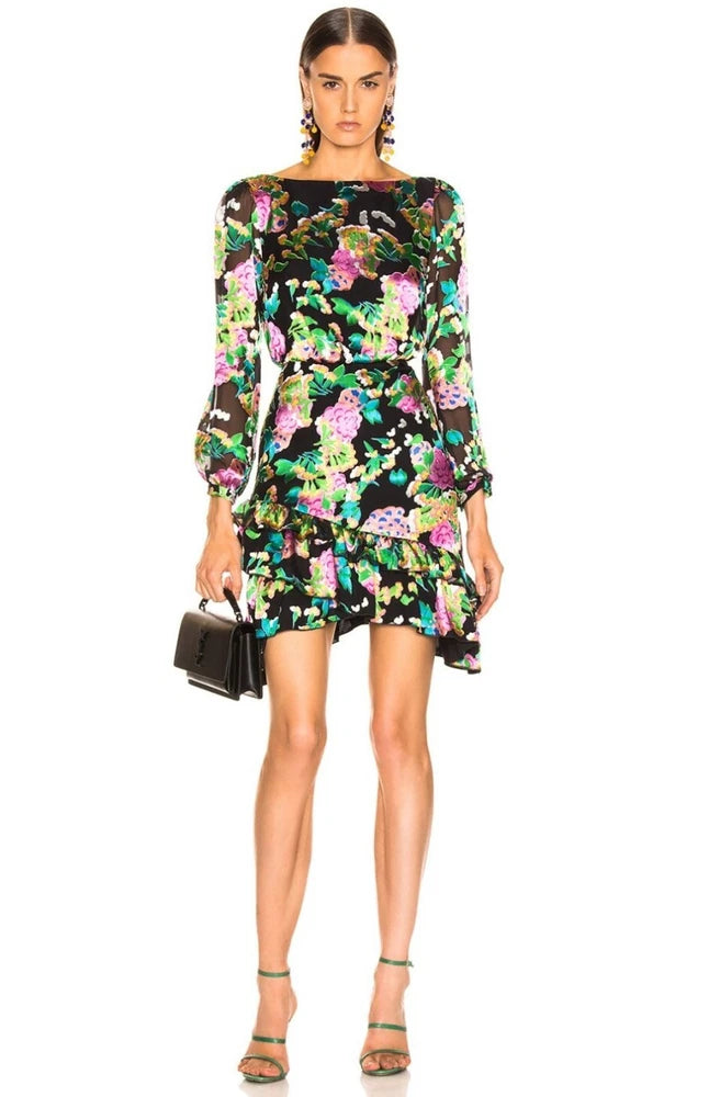 NWT Saloni Felicia Satin Mini Dress Black Multicolor Hydrangea Bold Floral 4 Hydrangea