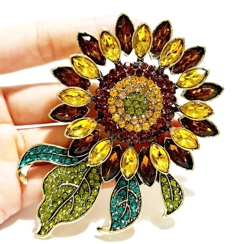 Gold Tone Vintage Brown Rhinestones Crystal Sunflower Flower Woman' Brooch Pin Sunflower