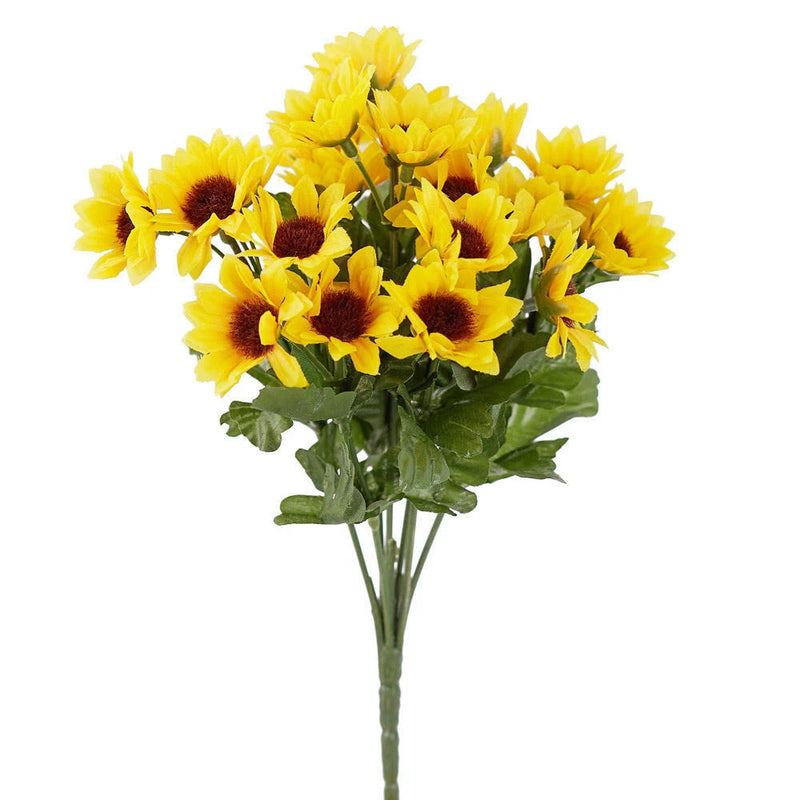 Mini sunflower bouquet set of 4 with bright yellow blooms, dark centers, green leaves