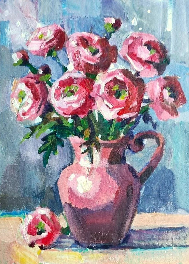 Summer pink Ranunculus bouquet, original acrilic painting Roses painting bouquet Ranunculus