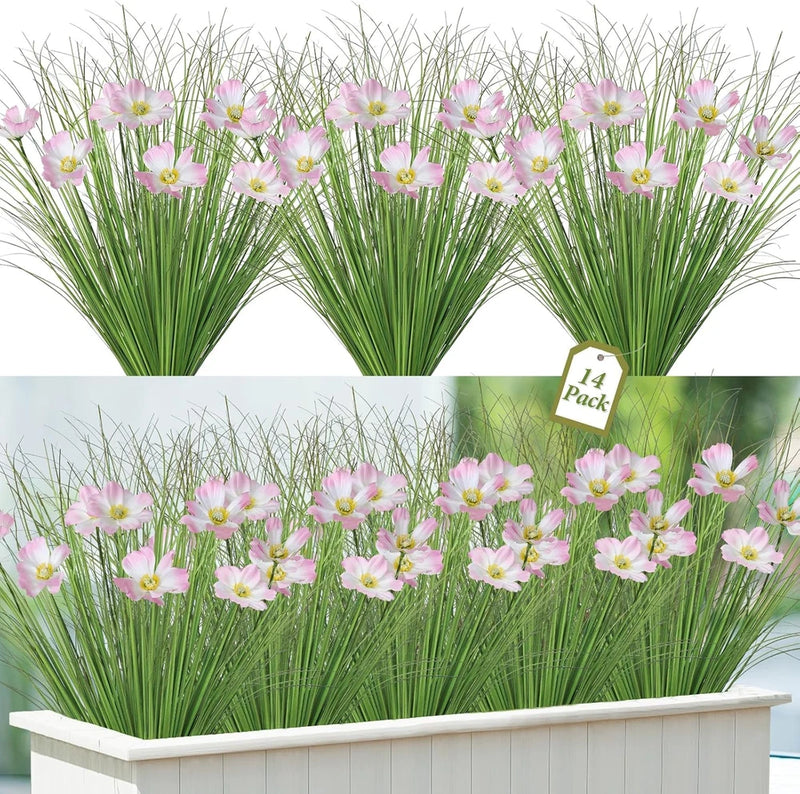 14-pack artificial flower grass bundle with pink daisy-like blooms and green stems