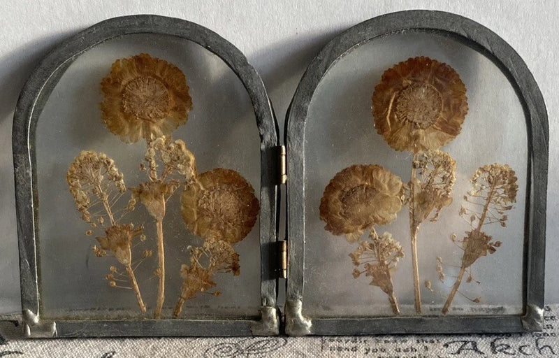 Vintage hinged arched metal glass suncatcher with pressed dried flowers inside