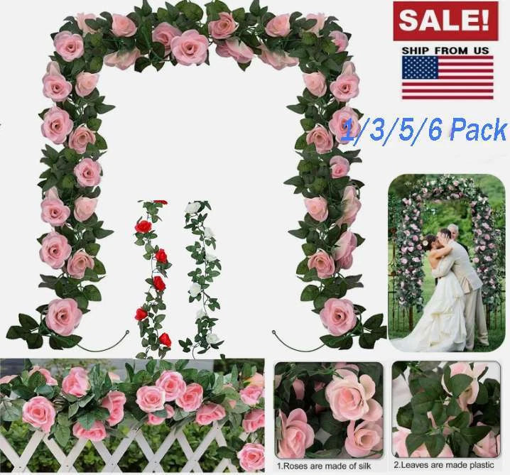 1-6Pack Fake Rose Vine Flowers Plants Artificial Hanging Ivy Home Party 7.6 Feet Roses