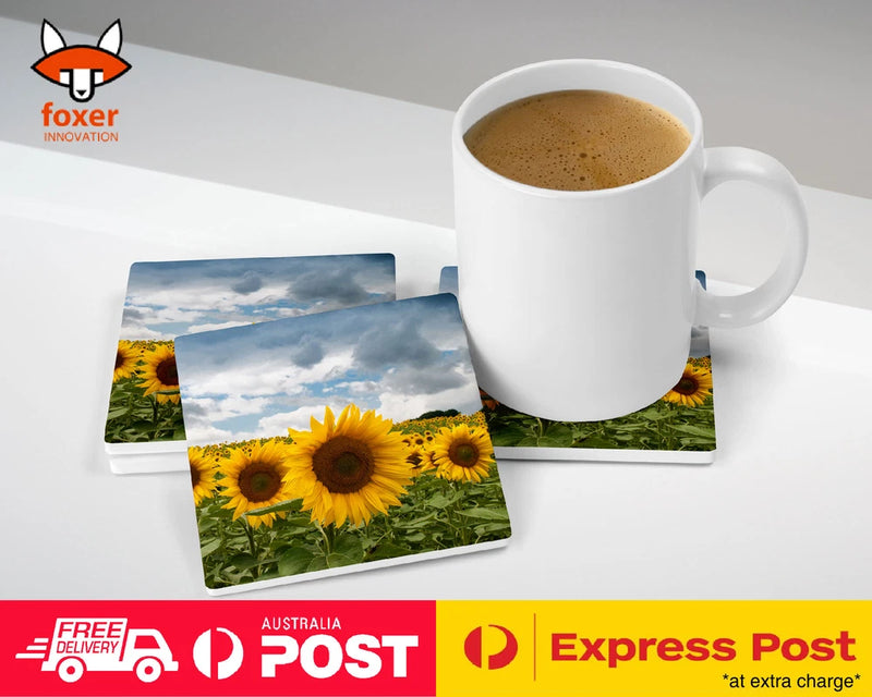 Sunflower coffee drinking mat set of four coasters with yellow blooms under a mug