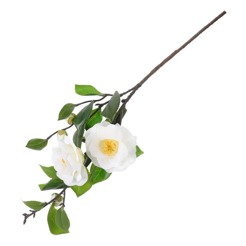 Artificial flower bouquet stem with white blooms and green leaves, lifelike.