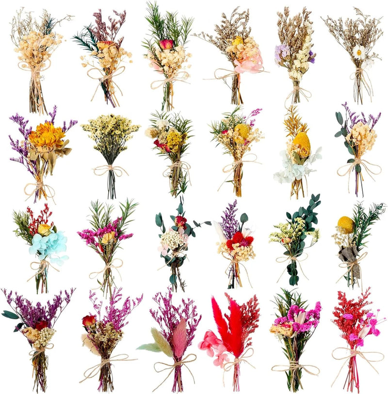 24-pack mini dried flower bouquets with stems, mixed colors, tied bundles
