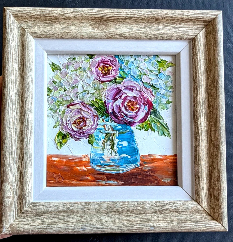 Hydrangea , Roses Original OIL Impasto PAINTING Impressionism , Framed Hydrangea