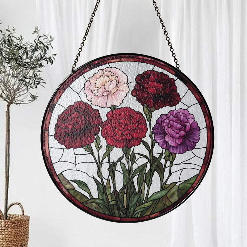 Round floral stained-glass suncatcher with multi-color carnations, hanging chain.
