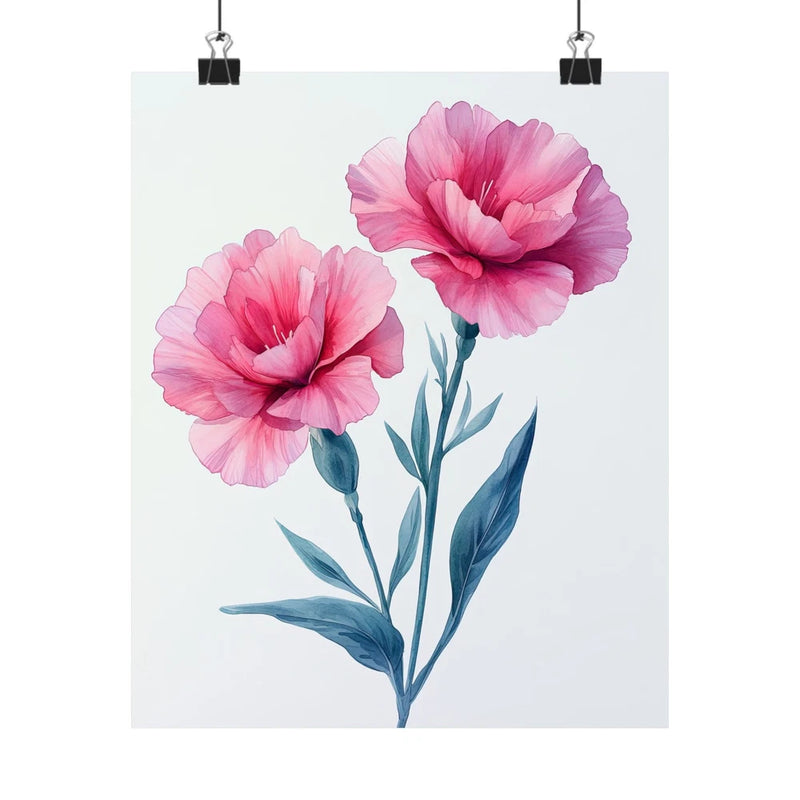 Minimalist floral art print poster with two pink carnation blooms