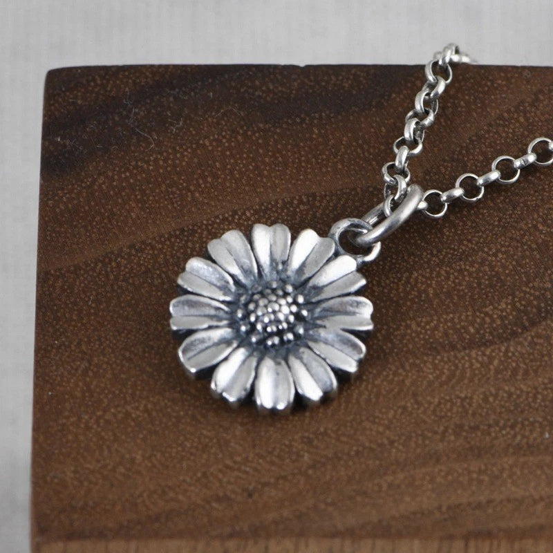 Vintage Sunflower Pendant, Fine S990 Silver, Daisy Flower Charm, Gift for Her Sunflower