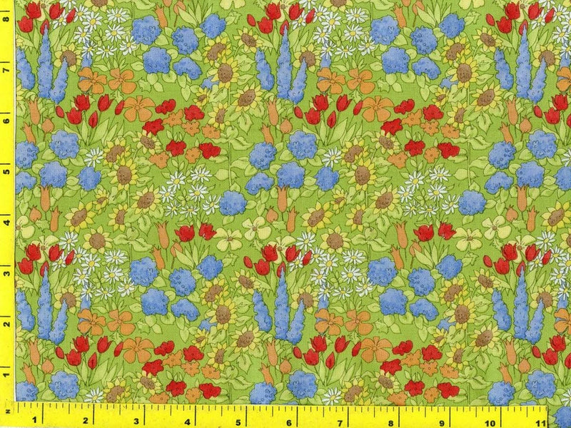 Blue Red Flowers with Daisies & Sunflowers on Green By The Yard CFLGRE02780 Sunflower