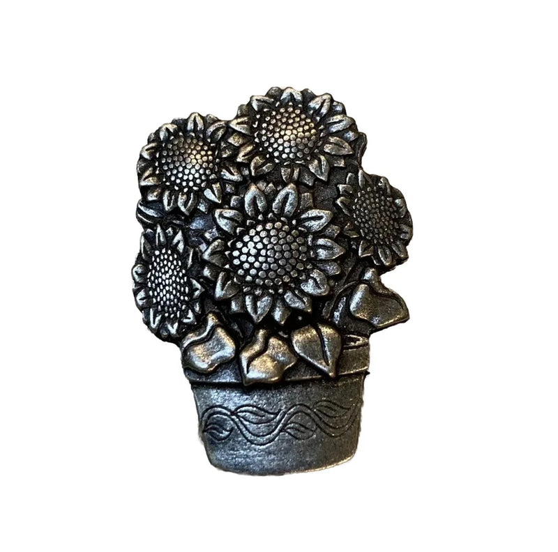 Pewter-tone metal sunflower bouquet lapel pin with textured flowers and leaf stems