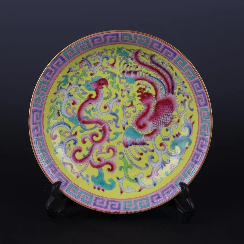 8.2" China Colour Enamels Porcelain Gild Butterfly Peony Flower Plate Peony
