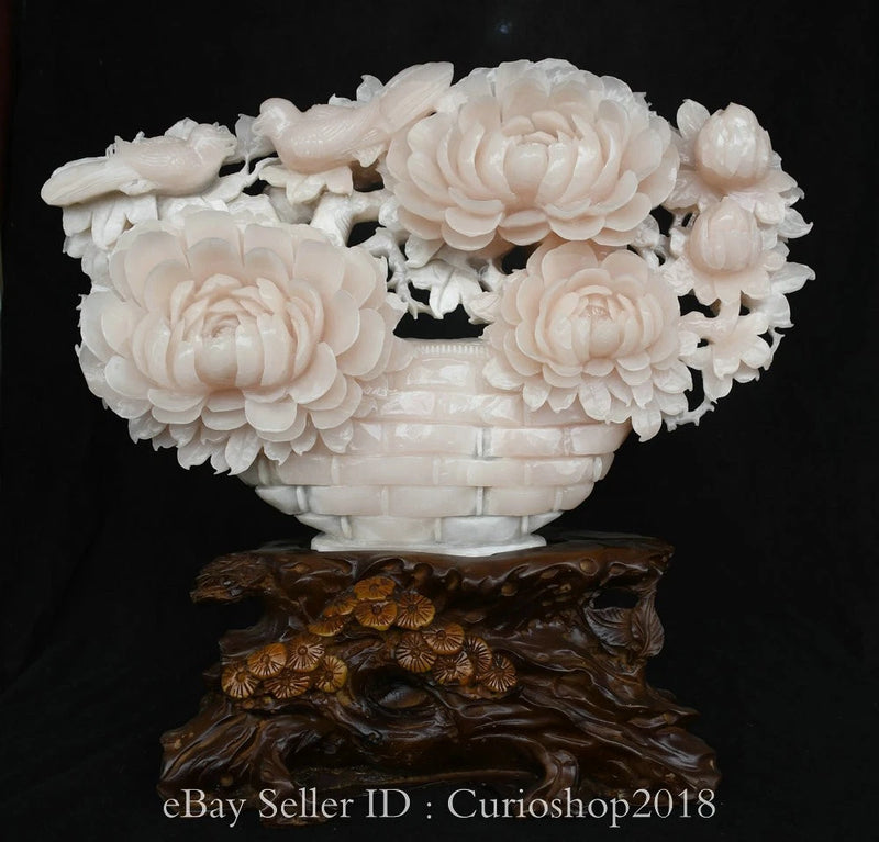 White carved peony flower potted plant sculpture with clustered blooming blossoms