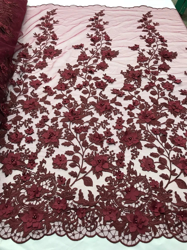 Burgundy 3D Floral Design Embroider With Pearls in a Mesh Lace Fabric, By Yard Flowering Plants