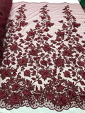 Burgundy 3D Floral Design Embroider With Pearls in a Mesh Lace Fabric, By Yard Flowering Plants
