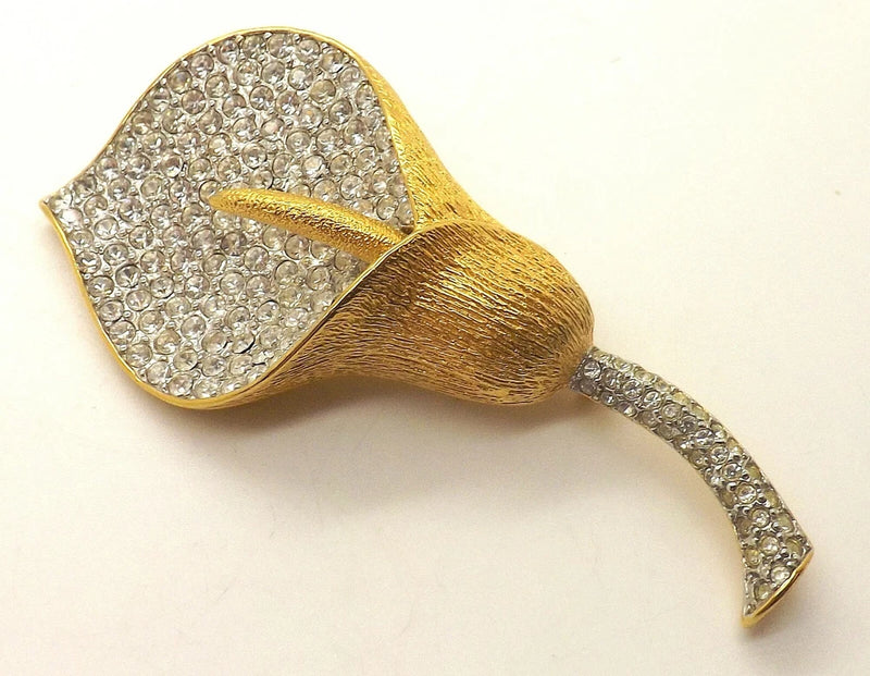 Vintage Nolan Miller Lily Flower Faux Diamond Rhinestone Large Gold Tone Brooch Lily