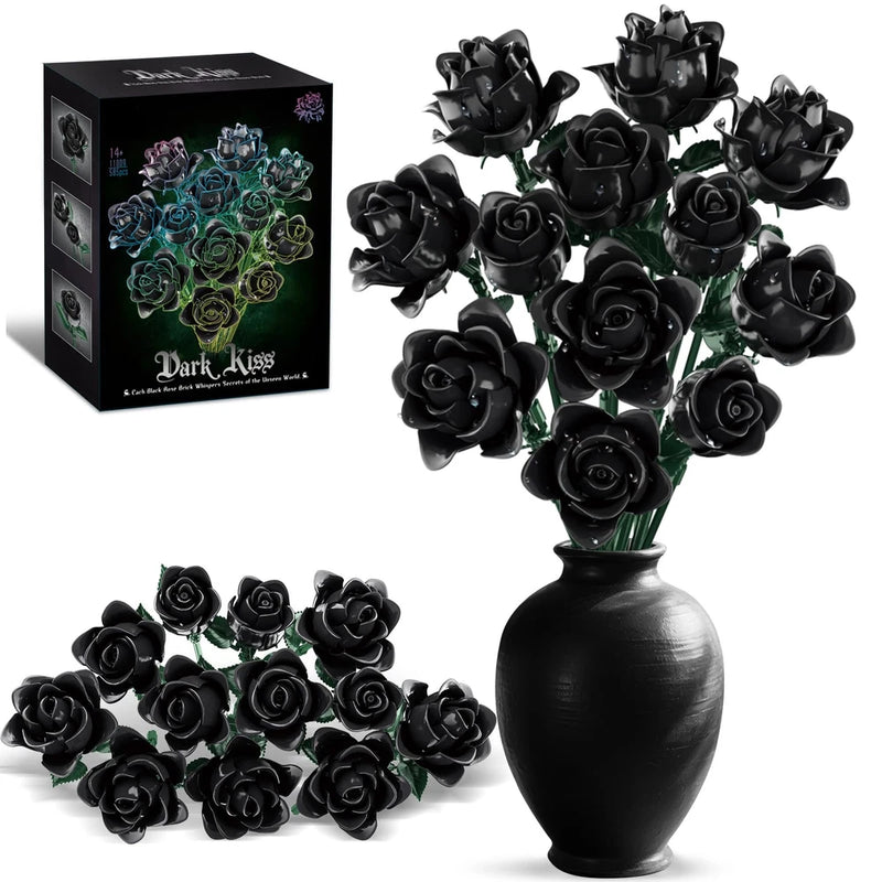 Black Roses Bouquet Building Set, 12 Artificial Flowers Botanical Collection ... Bouquet
