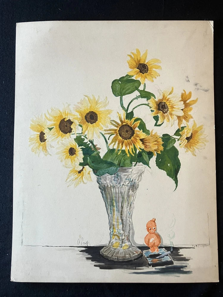 Watercolor sunflower still life print with vase and small orange animal figure