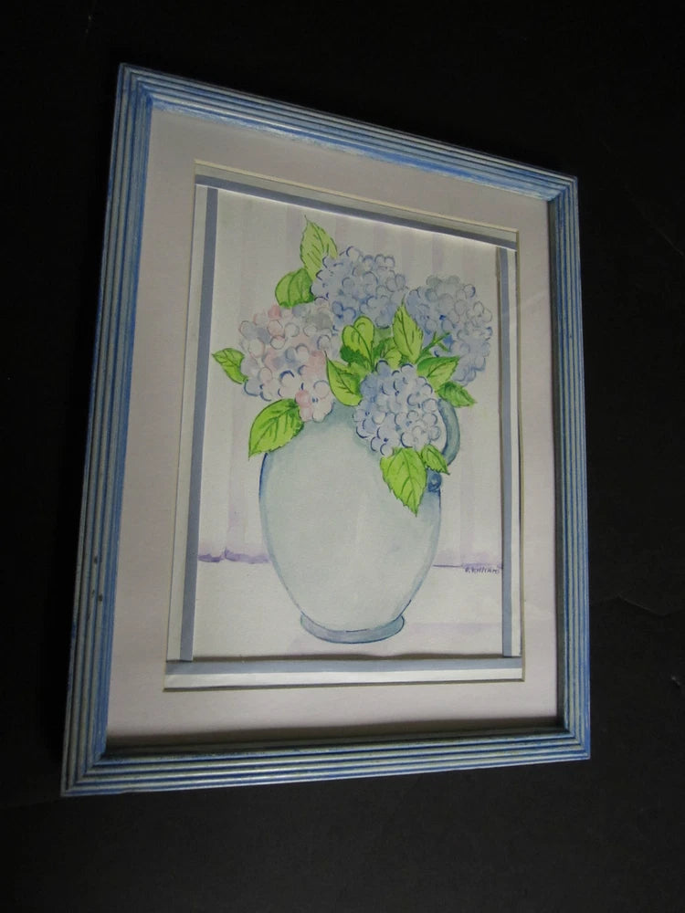 Hydrangeas Original Watercolor Painting 20th c. Art Flowers Floral signed framed Hydrangea