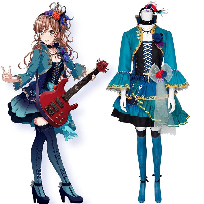 Teal and navy idol cosplay dress with lace-up front, ruffled skirt, thigh-high boots