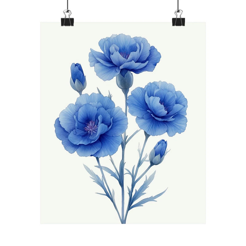 Minimalist flower art print poster with blue carnation blooms and stems