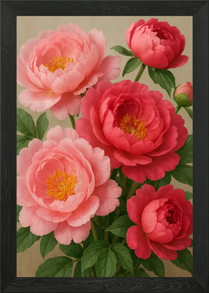 Framed peony flower wall art print with pink and red blossoms and green leaves