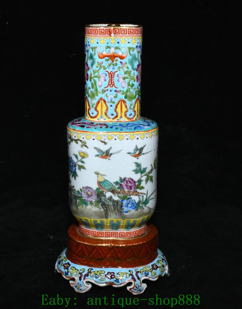 Gilt porcelain bottle vase with blue trim, birds and peony flowers on multicolor panels