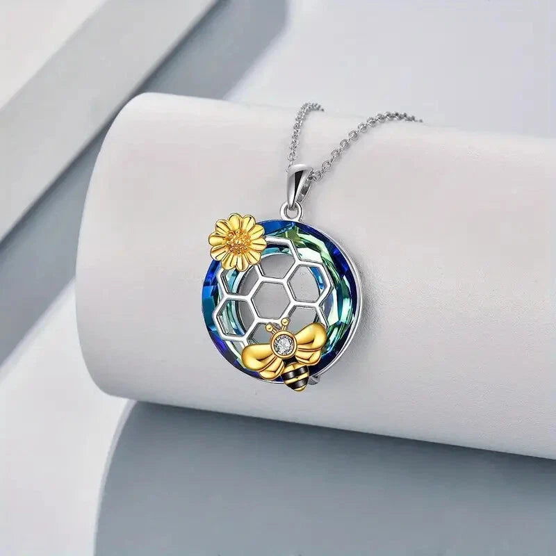 Round Bee & Sunflower Hive Crystal Pendant Necklace Fashion Jewelry Gift Sunflower