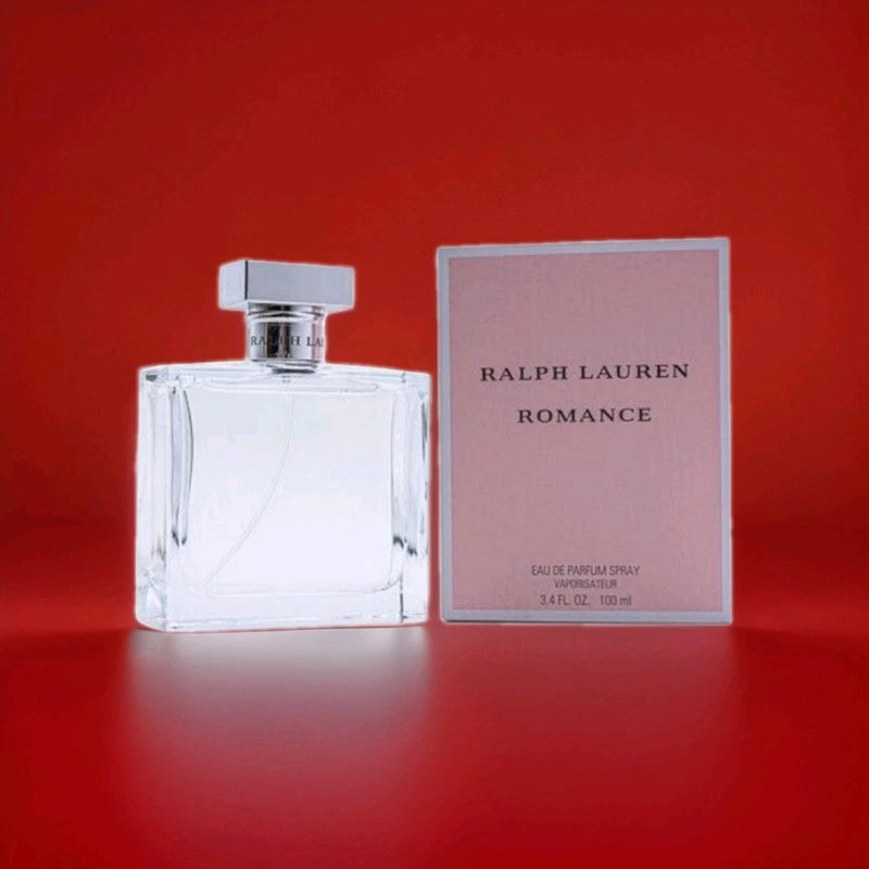 Ralph Lauren Romance eau de parfum spray with clear glass bottle and pink box